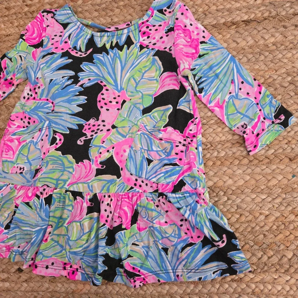 Lilly Pulitzer Girls Dress Pink Blue Tropical Leopard Print Ruffle Pocket 2T